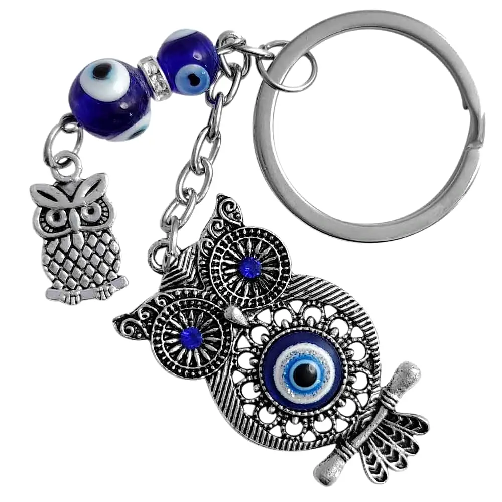 Breloc Bufniță și Ochiul magic norocos, amuletă pentru înțelepciune și dragoste, metal albastru  9.5 cm