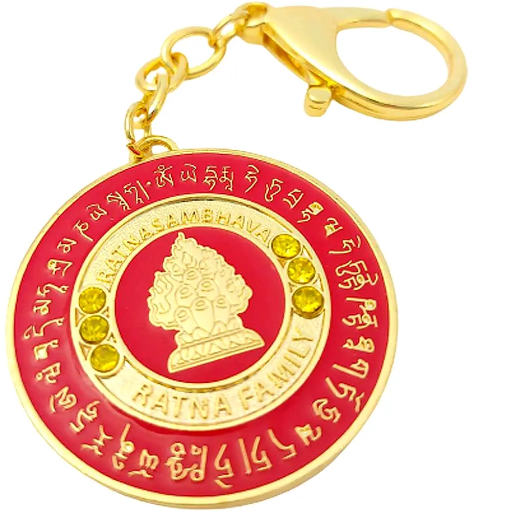 Breloc Ratnasambhava Buddha, amuletă feng shui pentru înțelepciune și bogăție, metal roșu 10 cm