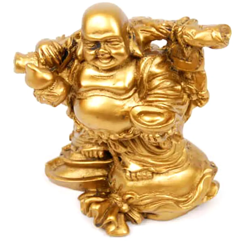 Buddha vesel auriu cu desaga banilor Wu Lou si pepita, obiect feng shui pentru abundenta, statueta aurie, 9 cm
