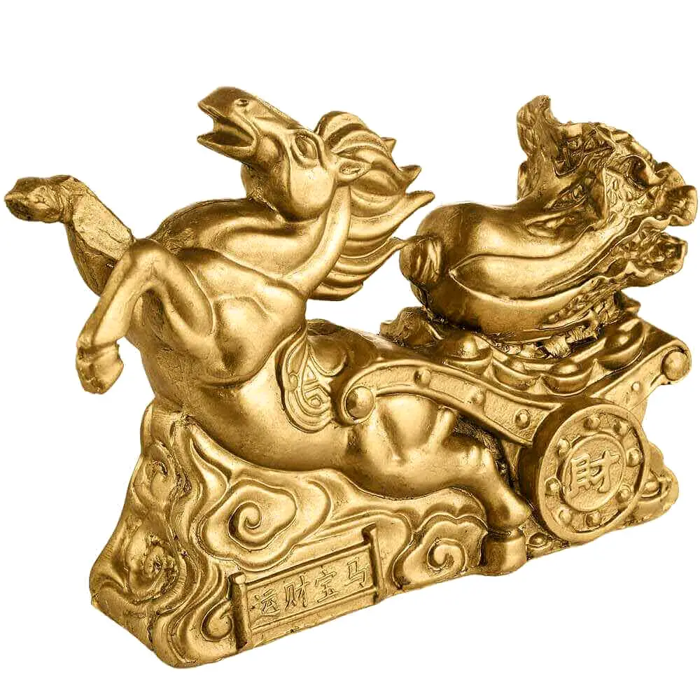 Cal auriu feng shui cu trasura si varza, simbol pentru bani, prosperitate si perseverenta, 12 cm