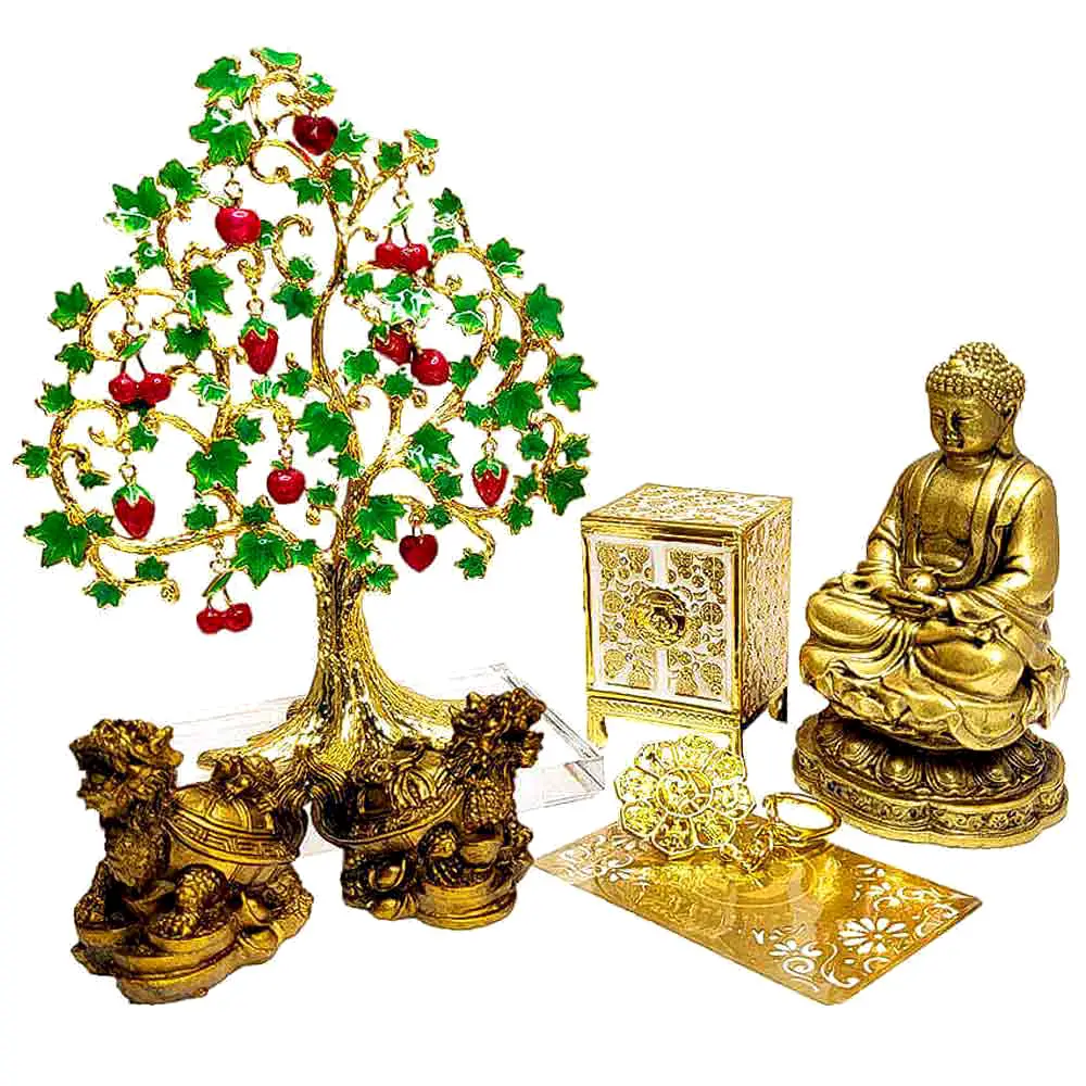 Set statuete Buddha medicinei cu zeita Lakshmi si testoasa dragon, pomul abundentei si cufarul alb al bogatiei, amuleta 8 simboluri si card