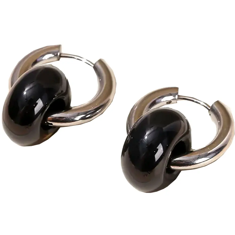 Cercei rotunzi agat negru, piatra naturală 8 mm, cerc inoxidabil argintiu