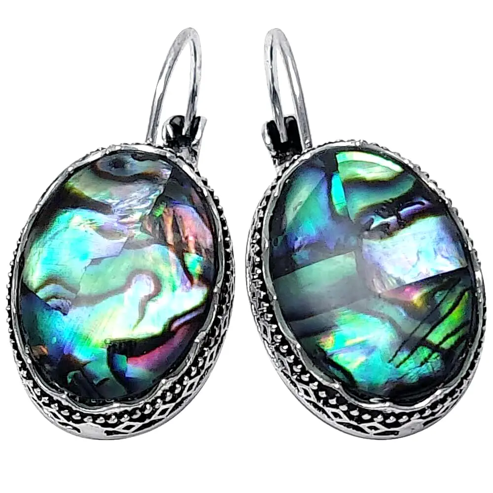 Cercei Mother of Pearl sau nacru sidef, piatra liniștii interioare,  cu motive grecești și tortiță argintie, piatră sidefată 2 cm