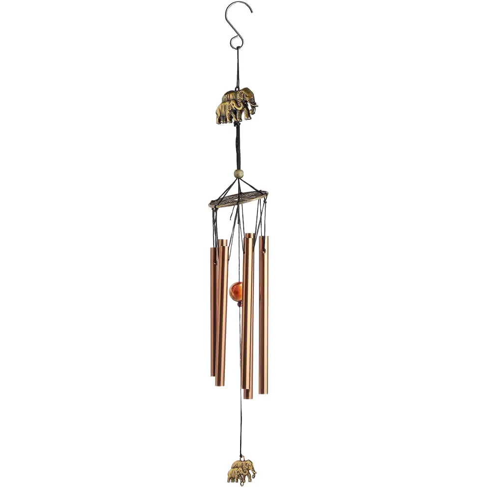 Clopotei de vant cu elefant cu trompa in sus si 6 tuburi sonore, decor feng shui pentru casa sau gradina, metal