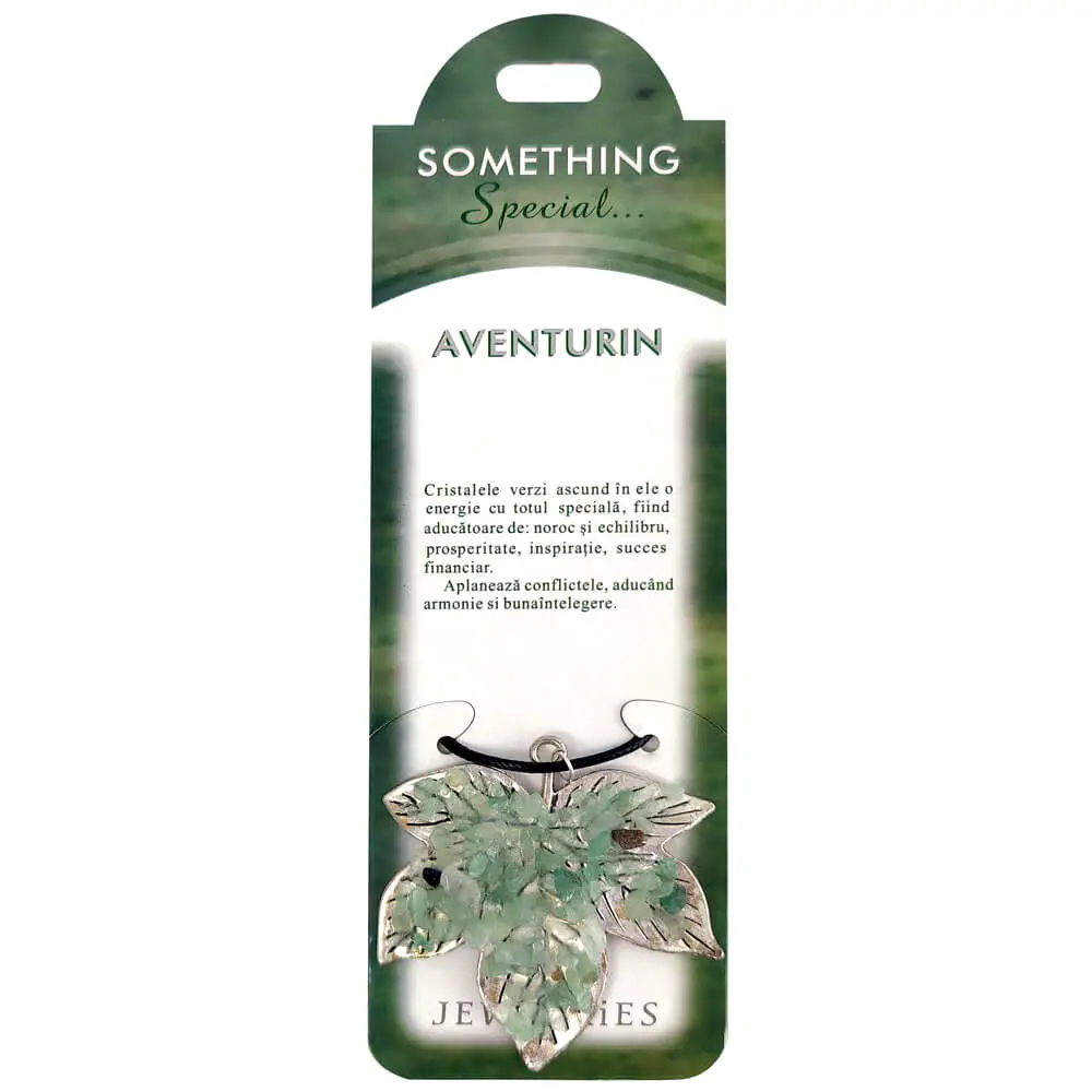 Pandantiv cristal Aventurin Frunza, talisman pentru atragerea bunastarii, set cu lantisor pe carton personalizat, verde