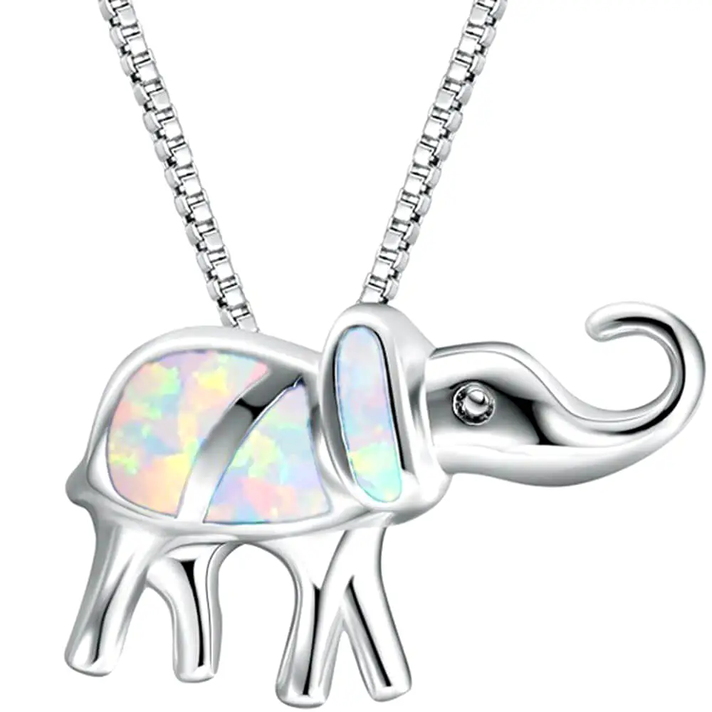 Colier elefant trompa in sus piatra opal, talisman de protectie si fericire, lantisor argintiu