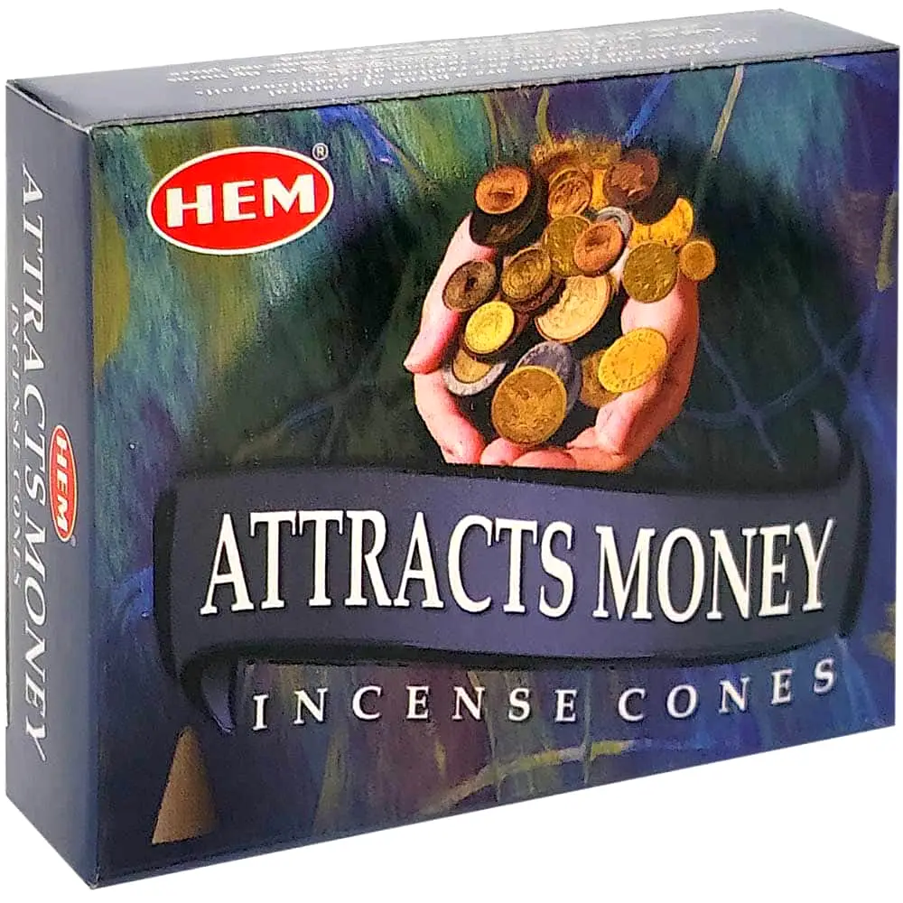 Conuri parfumate Attracts Money, gama profesionala HEM, aroma lemnoasă, 10 conuri (25g) aromaterapie suport metalic inclus