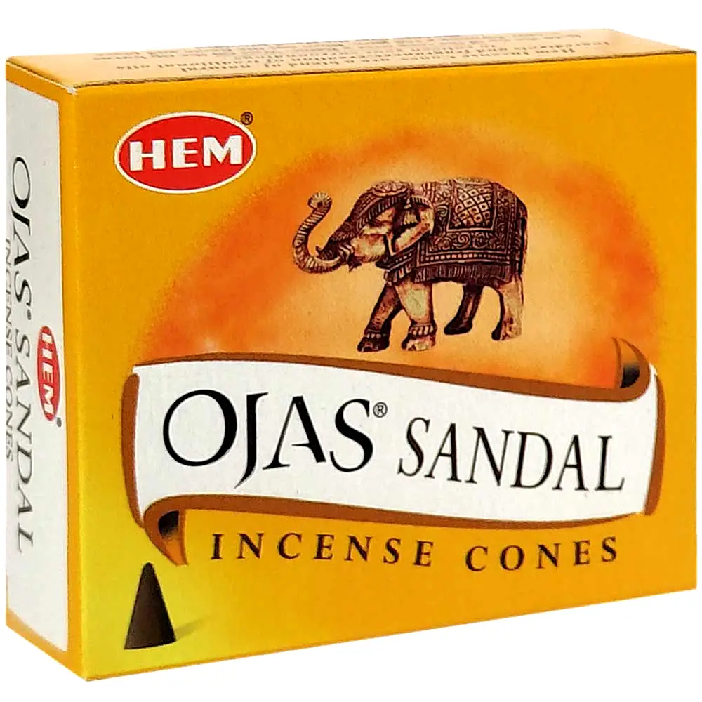 Conuri parfumate Sandal Ojas, gama Hem profesional, aroma orientala, 10 conuri (25g) aromaterapie, suport metalic inclus