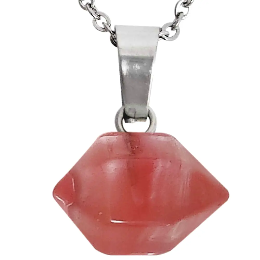 Pandantiv Cuartz Cherry, piatra vindecării emoționale, set cristal natural hexagonal dublu vârf orizontal roșu 15 mm cu lănțișor inoxidabil
