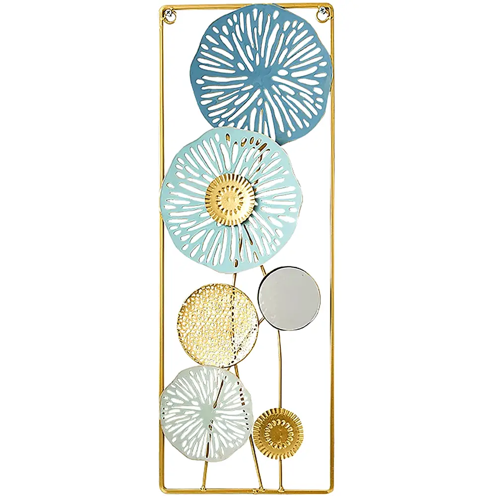 Tablou decorativ metalic cu oglindă și flori aurii și albastre