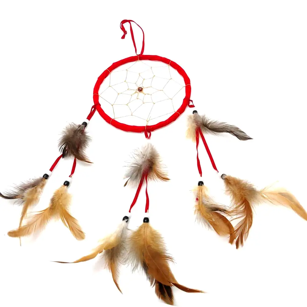 Dream catcher 1 cerc mare ornament protectie cosmaruri, cu margele si pene albe si maro, rosu