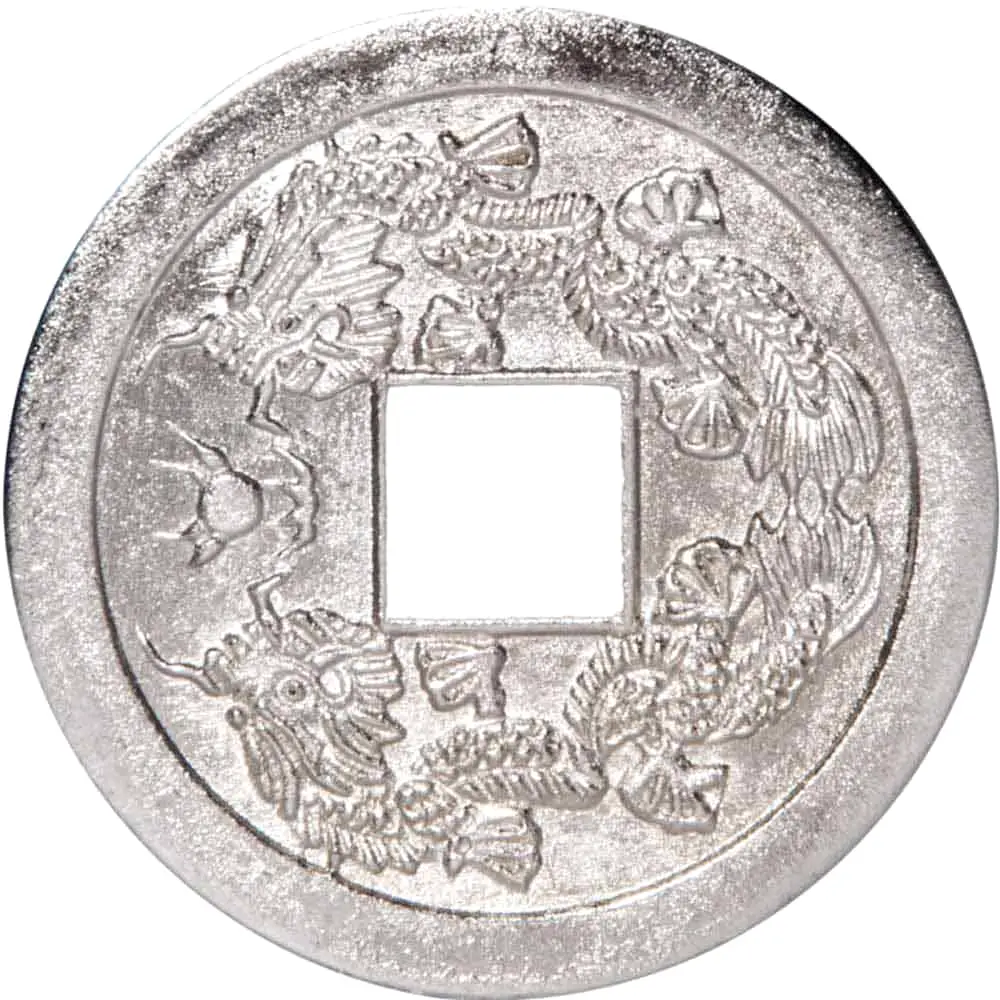 Monede chinezesti argintiu cu dragon si ideograme de castig, amuleta bani 40 mm 