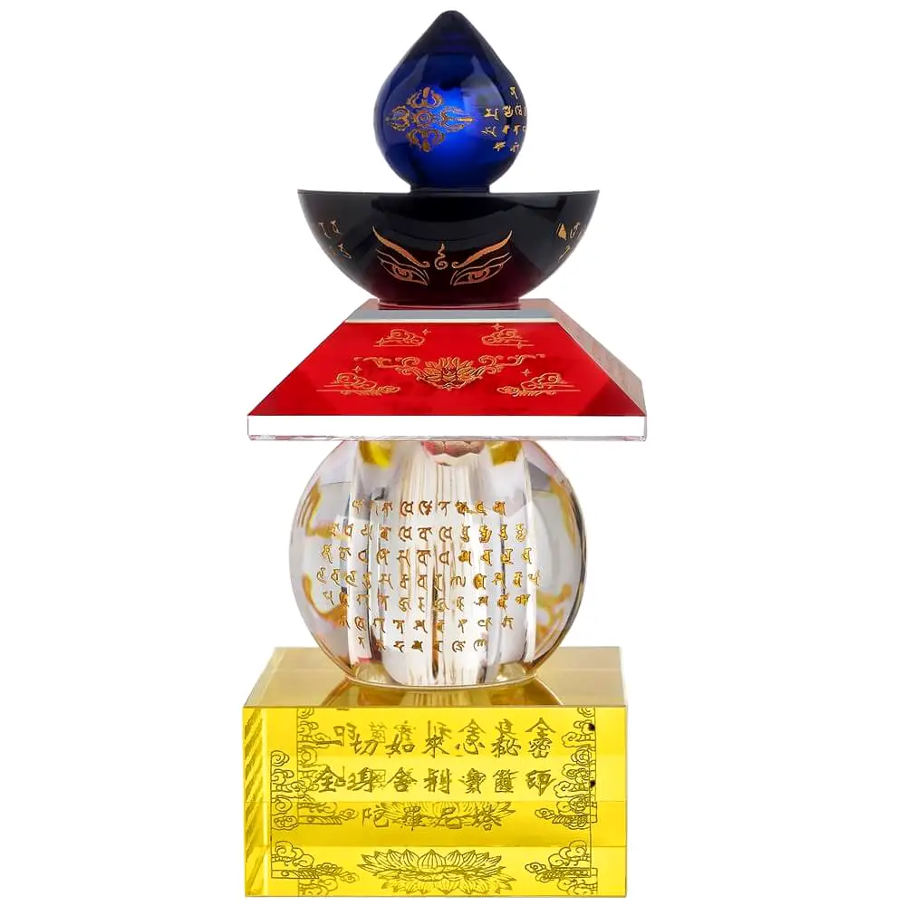 Pagoda feng shui cristal 5 elemente, 5 culori si 5 forme cu ideograme de protectie bani si de ghinioane in dragoste, cristal k9 multicolor 12 cm
