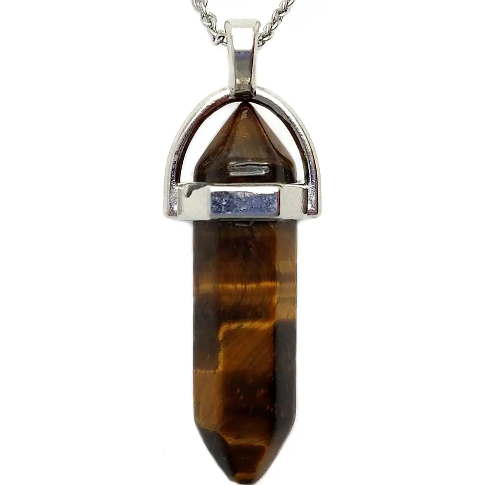 Pandantiv Ochi de tigru, piatra îndeplinirii viselor în set cu lănțisor oțel inoxidabil, cristal natural hexagonal 34 mm dublu vârf maro