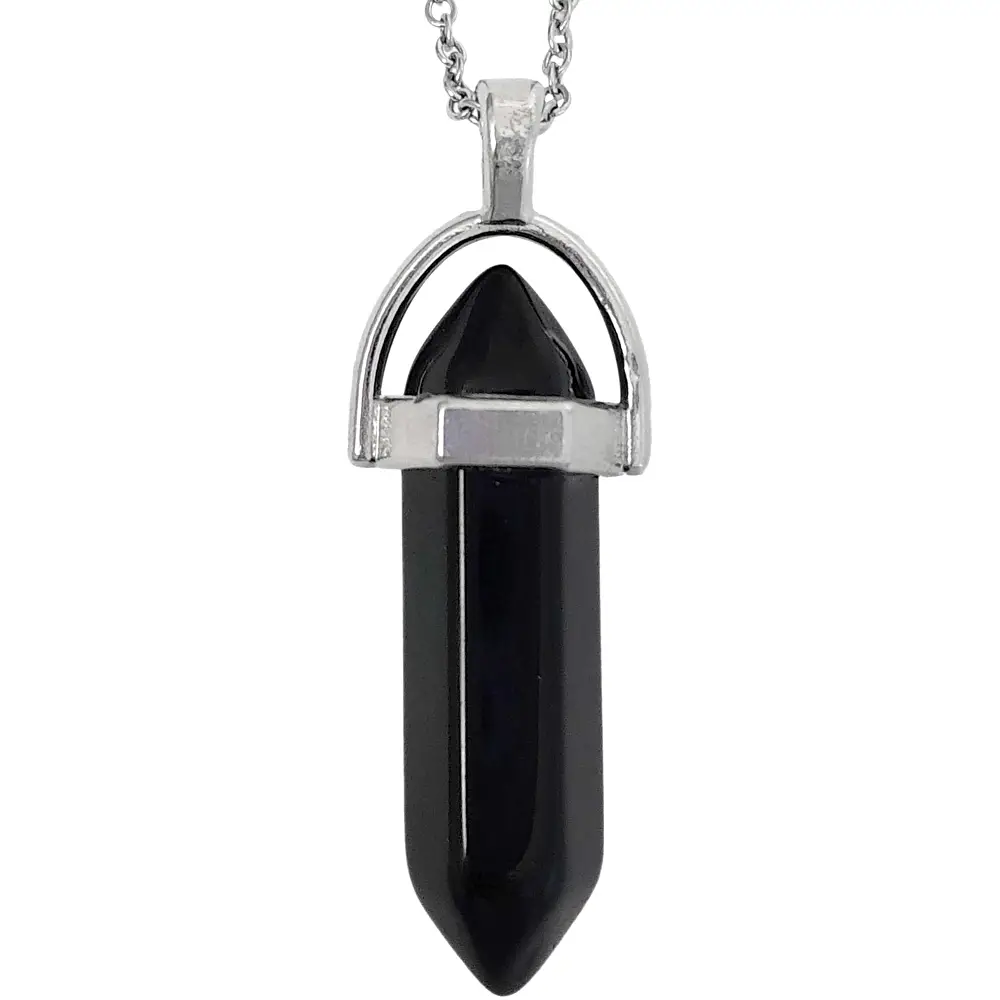 Pandantiv Onix, piatra încrederii în set cu lănțisor oțel inoxidabil, cristal natural hexagonal 34 mm dublu vârf negru