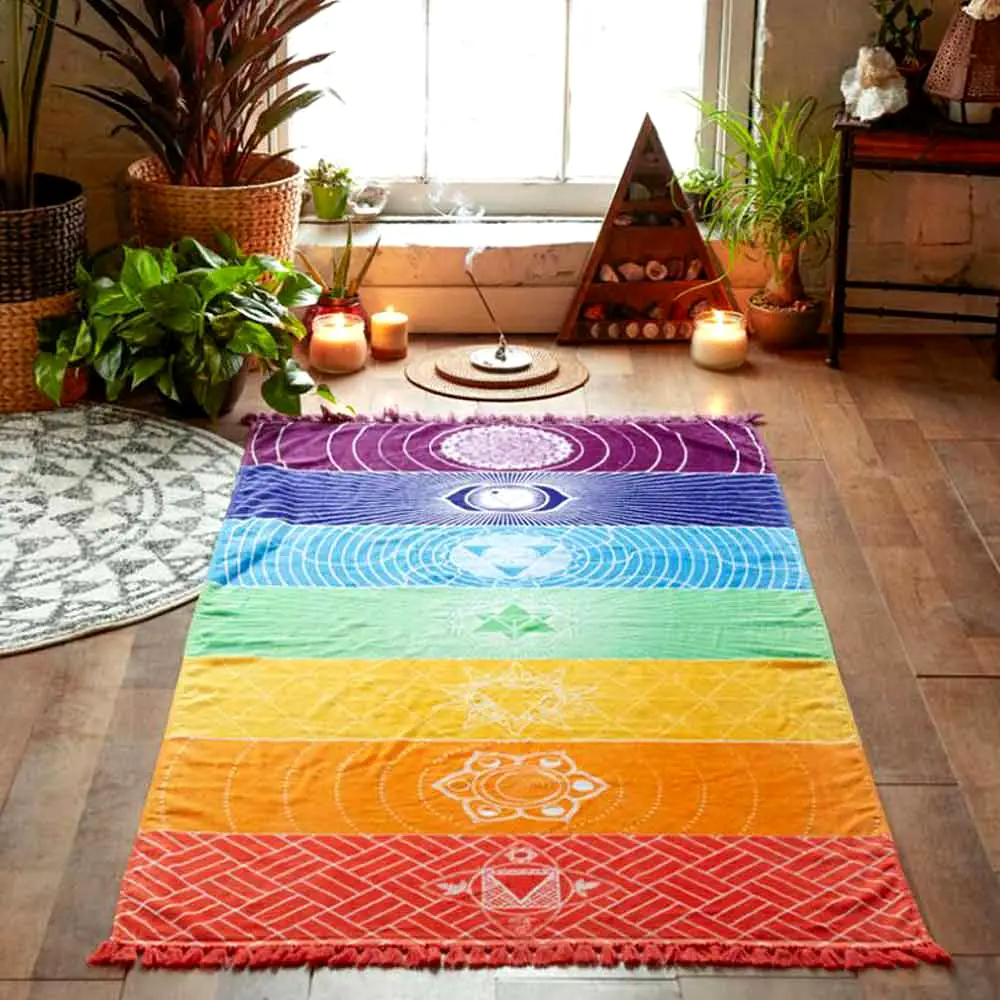 Prosop 7 Chakra cu ciucuri, pentru yoga, paturica sau covoras 150 cm