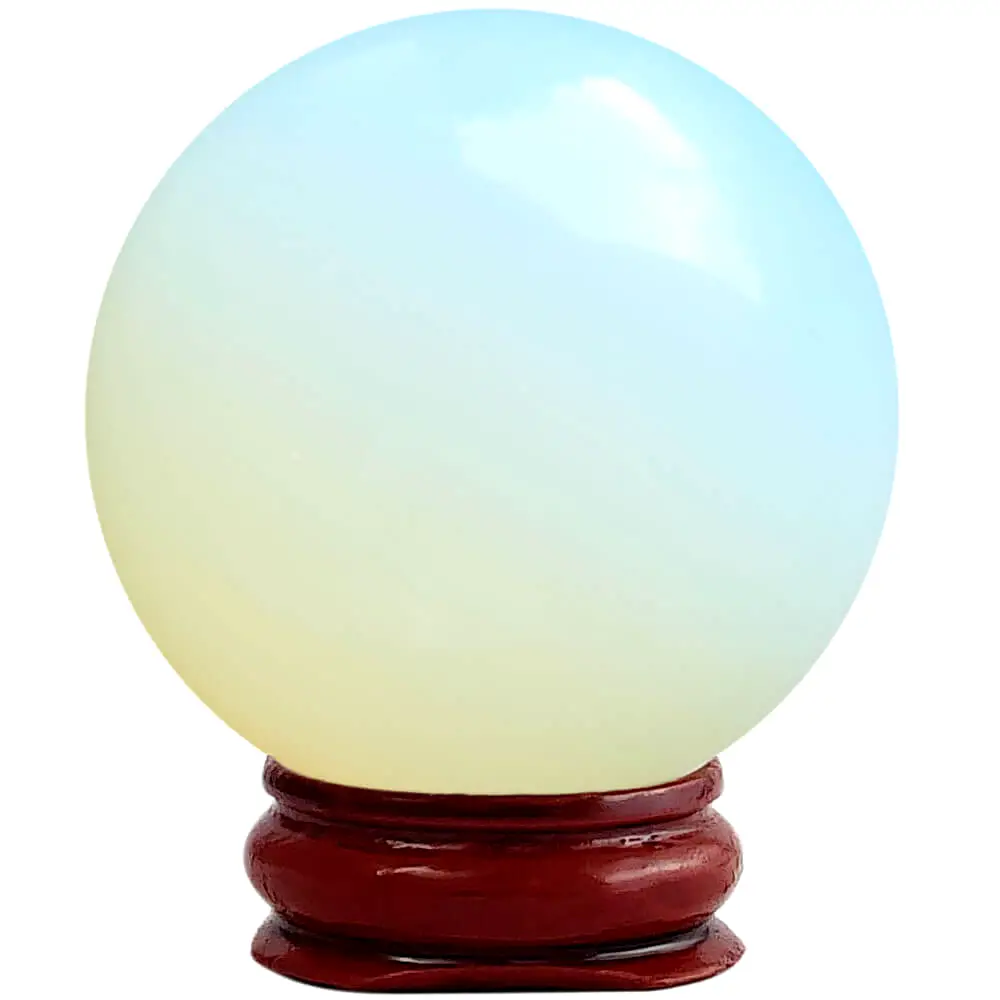 Sfera Opal, piatra norocului, sfere de cristal 5-6 cm suport lemn