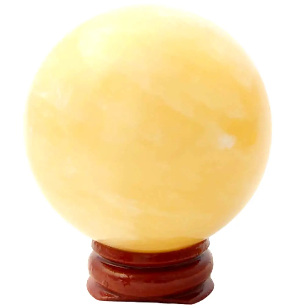 Set sfera piatra naturala calcit cu suport lemn, obiect feng shui pentru absorbirea energiei negative, galben crem 6 cm