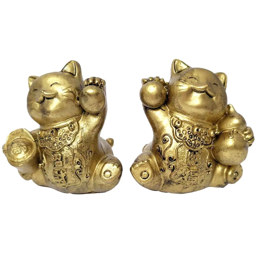 2 Pisici Maneki Feng Shui, obiect decor casa sau birou, set pentru bani și prosperitate, rășină aurie 6 cm