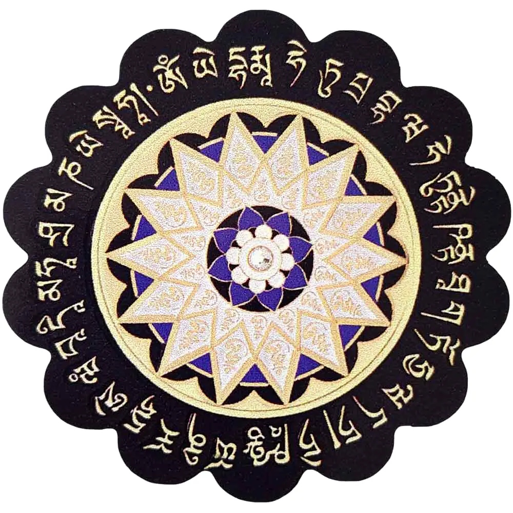 Sticker 28 Silabe Hum cu Lotus, autocolant feng shui protectie gelozie si invidie, diametru 5.5 cm, negru