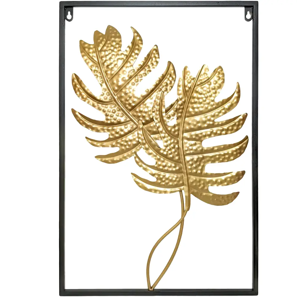 Tablou decorativ metalic cu frunze palma, negru și auriu
