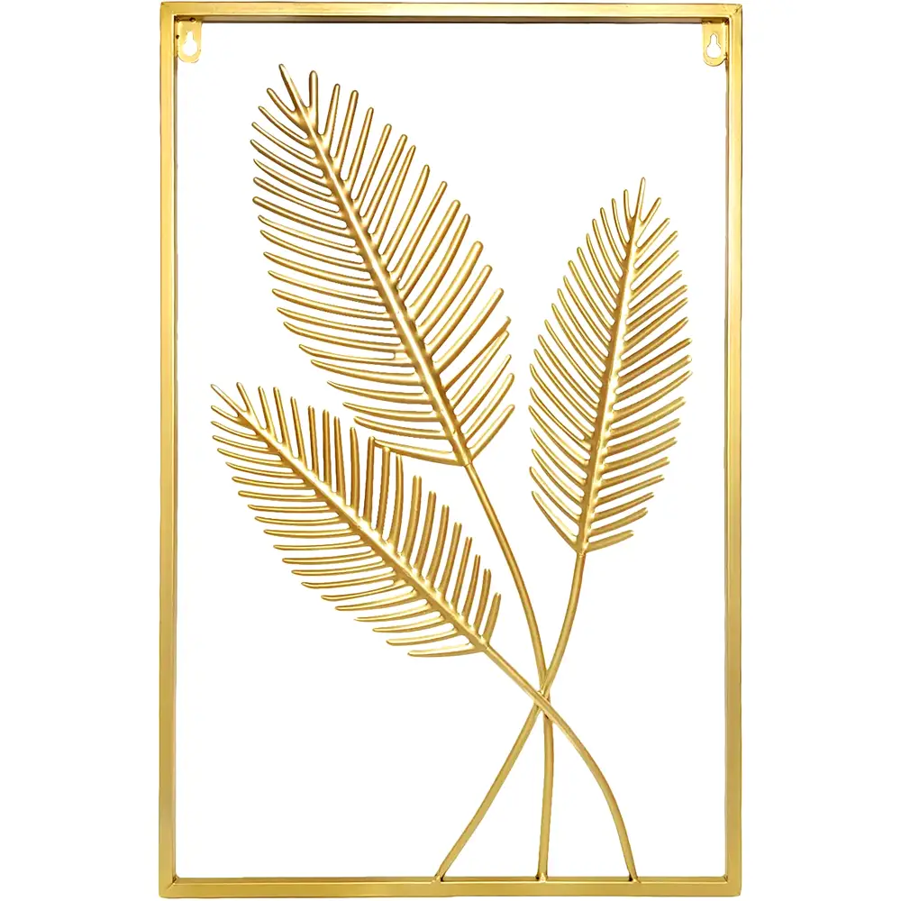 Tablou decorativ metalic cu frunze de palmier sago, auriu