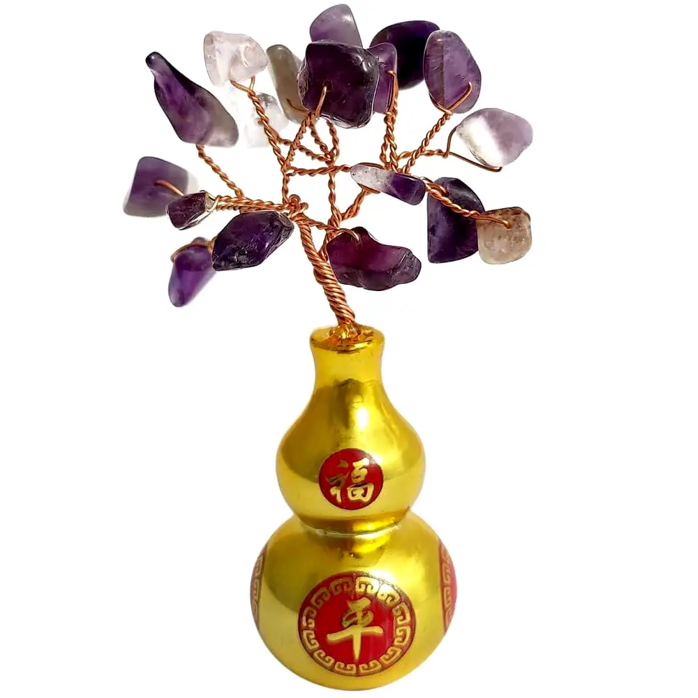 Copacei decorativi Wu Lou si cristal de ametist, piatra pentru protectia de energii negative a relatiei de dragoste si familiei, 12 cm auriu mov