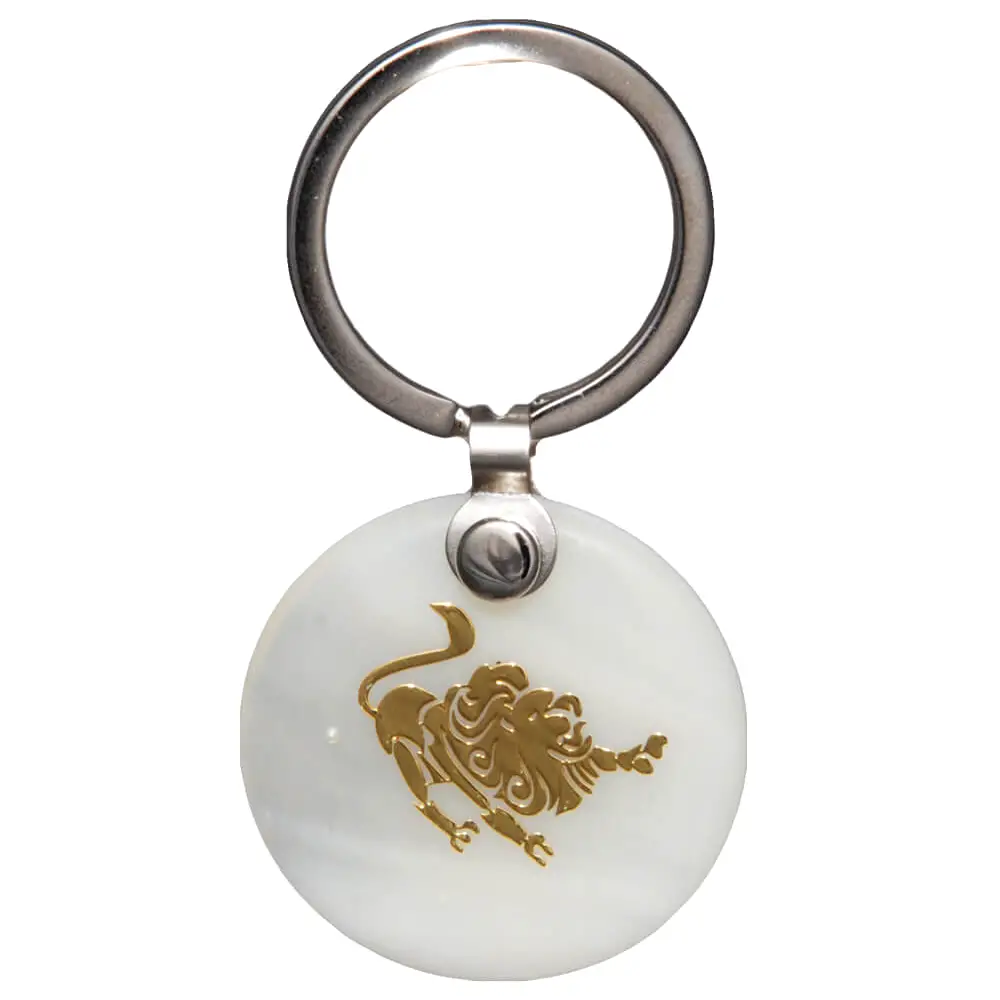 Zodia Leu breloc chei, pandantiv sidef alb personalizat cu semn zodiacal, argintiu alb 30 mm
