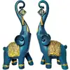 Set 2 elefanți cu trompa în sus, elefant rasina ceramica albastru turcoaz