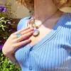 Colier Opal rotund, pandantiv cu lantisor tip tennis argintiu ajustabil, piatra 3.5 cm alb bleu