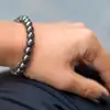 Set bratara Hematit cu felicitare personalizata, piatra protectie 6 mm, femei barbati elastica negru