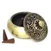 Suport conuri parfumate model floare de crin, set vas arzator pentru tamaie si spirale, metal bronz premium