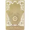 Amuleta contra geloziei, card cu mana Fatimei si ochi magic norocos cu mantre, metalic auriu 8.5 cm