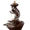Fantana fum backflow cu floare de lotus si mana, suport conuri fumigene parfumate si betisoare, ceramica maro 