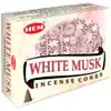Conuri parfumate Mosc Alb, HEM Precious profesional White Musk,aroma orientală, suport metalic inclus, 10 conuri (25g) aromaterapie