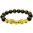 Bratara 2 Pi Xiu, cu mantre de prosperitate pe piatra obsidian tratat 14 mm, elastica negru cu auriu