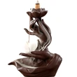 Fantana fum backflow cu floare de lotus si mana, suport conuri fumigene parfumate si betisoare, ceramica maro 