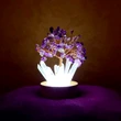 Copacel decorativ ametist cu lumini, pietre protectie energii negative, obeliscuri cristal pe soclu lemn si cablu usb, 12 cm mov