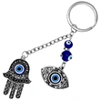 Breloc Hamsa și Ochiul norocos, amuletă feng shui de protecție și noroc, metal solid de calitate albastru 10.5 cm
