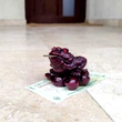 Broasca norocoasa Feng Shui cu bani in gura pe soclu de monede si pepite, piatra rosu 9 mm