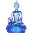 Set Buddha medicinei Albastru, statueta cristal tibetan Liuli k9 cu covoras si perie, simbol de sanatate si fericire, 130 mm