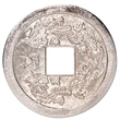 Moneda chinezeasca argintie 40 mm cu dragon si ideograme de castig, amuleta bani