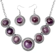 Set colier și cercei ametist, piatra divinității, cristal natural mov în formă rotundă montat în motive grecești și tortiță argintie, 50 cm