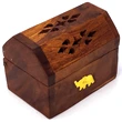 Suport conuri parfumate cufar cu elefant trompa in sus, piesa metalica rotunda pentru ardere con, 8 cm, lemn maro