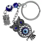 Breloc Bufniță și Ochiul magic norocos, amuletă feng shui de protecție pentru înțelepciune și dragoste, metal solid albastru  9.5 cm