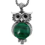 Colier Malachit pandantiv bufnita cu lantisor tip tennis argintiu ajustabil, piatra 3.5 cm verde