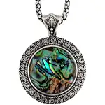 Colier cu pandantiv piatra Mother of Pearl sau nacru rotund, lantisor tip tennis argintiu ajustabil, pietre sidef 3.5 cm multicolor