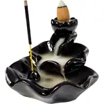 Fantana fum Floare, suport 2 conuri fumigene parfumate si betisoare, ceramica negru
