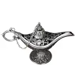 Lampa magica a lui Aladin, gravura florala sculptata in metal de calitate, obiect decor argintiu