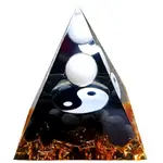 Piramida orgonică Yin Yang, Obsidian și Piatra lunii cu foițe aurii, 5 cm